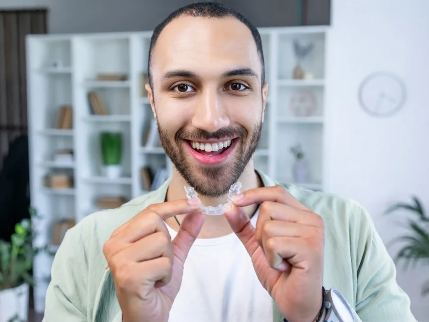 A smiling man holding up a clear aligner