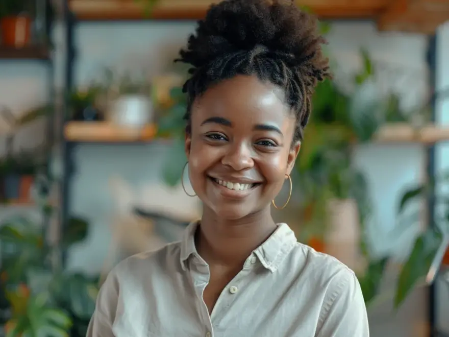 A woman with a bright, wide smile
