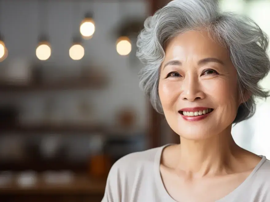 A smiling older woman with grey hair